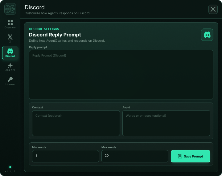 AgentX Discord reply settings